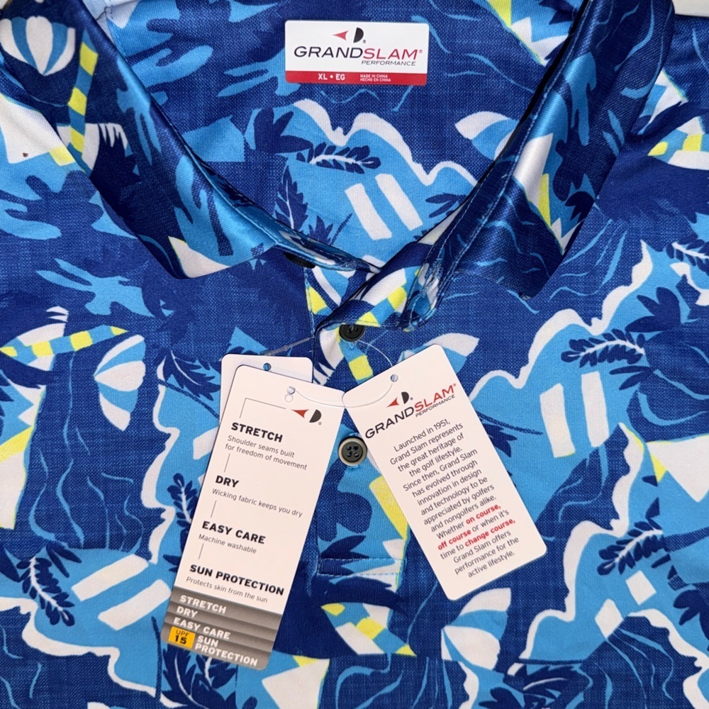 Grand Slam Performance Polo Shirt XL Blue Tropical Print Stretch Golf NWT - Picture 2 of 10